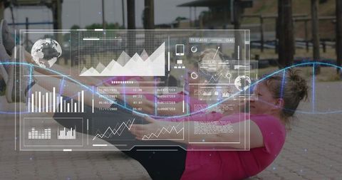 Outdoor core workout with augmented hud analytics overlay on urban plaza