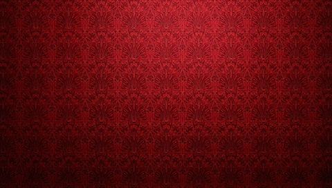 Ornate red damask wallpaper panel with baroque floral pattern and textured seam detail