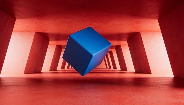 Levitating blue cube in minimal red architectural corridor with dramatic lighting