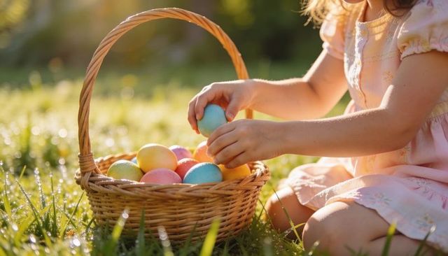 Girl gathering pastel easter eggs in wicker basket on dewy grass during whimsical golden hour sunlig