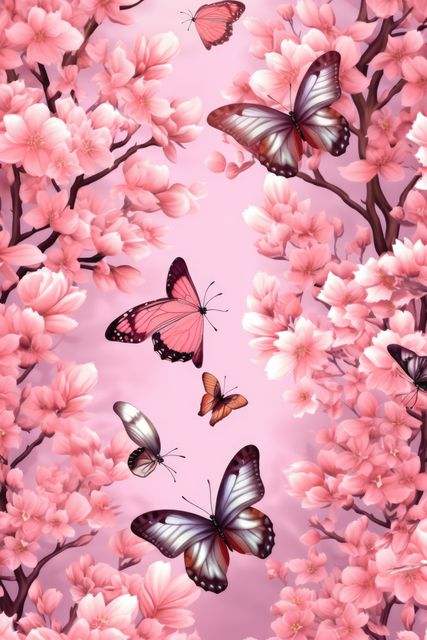 Butterflies fluttering around blossoming cherry branches create a serene and picturesque scene, perfect for themes related to spring, renewal, and beauty. Ideal for use in greeting cards, nature blogs, floral design materials, or seasonal marketing campaigns to evoke feelings of freshness and elegance.