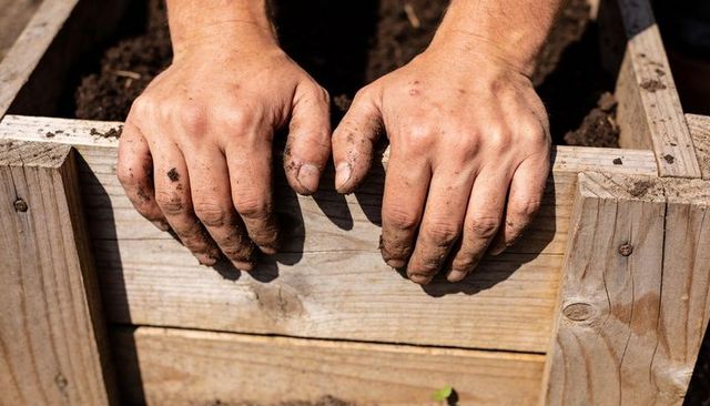 Resting dirty hands on wooden planter edge with potting soil and small sprout, gardening work