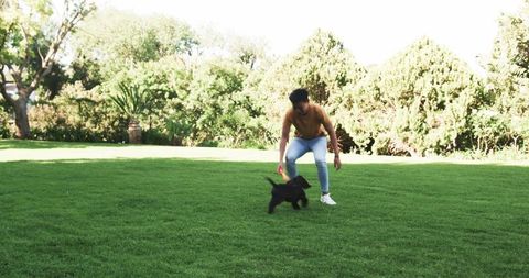 Young Man Playing Fetch with Energetic Puppy in Backyard