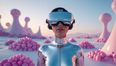 individual immersed in virtual reality on surreal, extraterrestrial terrain. useful for themes related to technology, innovation, futuristic visions, and science fiction landscapes. perfect for illustrating concepts of digital exploration and future worlds.