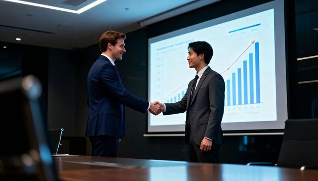 Business partners shaking hands after successful presentation with rising growth chart