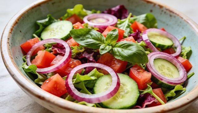Colorful fresh salad with cucumber tomato red onion basil in rustic ceramic bowl