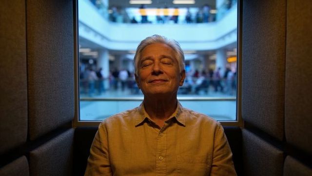 Senior man resting with eyes closed in mall booth, tranquil atrium moment