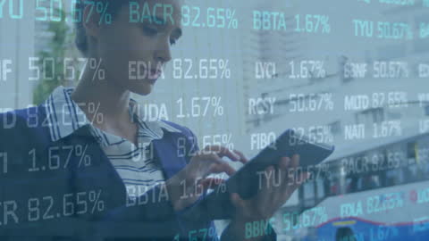 Businesswoman Analyzing Stock Market Data on Tablet Outside