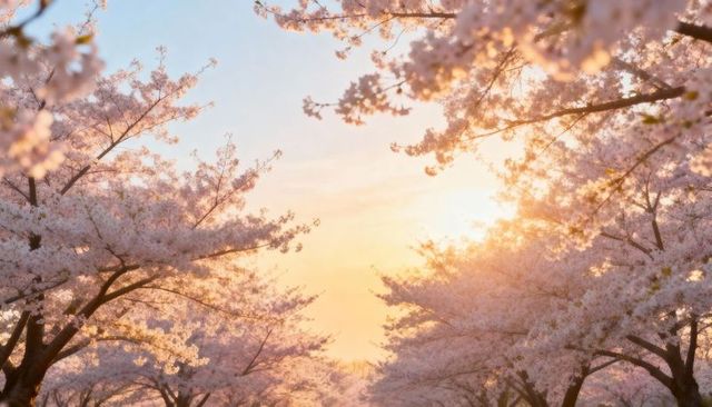 Sunlight Filtering Through Cherry Blossom Canopy Creating Pastel Tunnel at Golden Hour