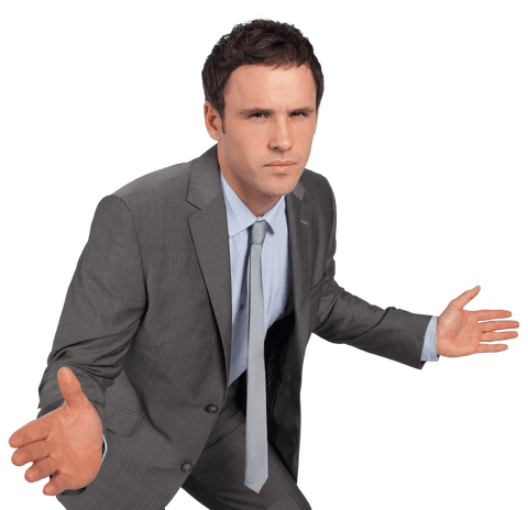 Confident Businessman in Gray Suit with Open Hands on Transparent Background