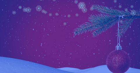 Snowflakes Descending by Ornamental Christmas Tree on Purple Background