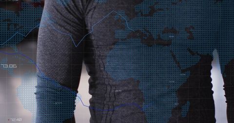 Futuristic data overlay on male torso wearing fitted grey long-sleeve top for analytics