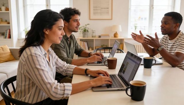 Multicultural team collaborating with laptops and coffee at sunlit modern home workspace