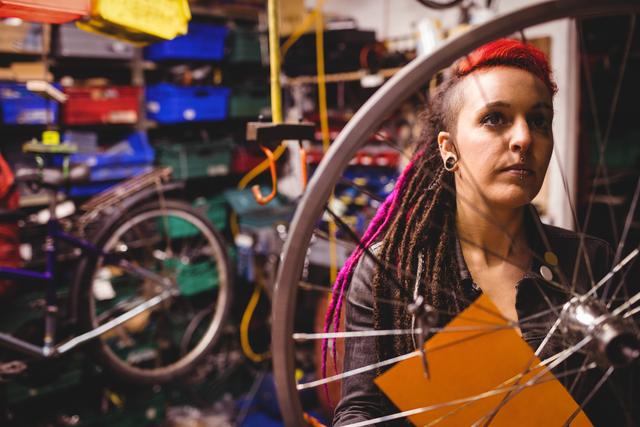 Female mechanic with dreadlocks examining a bicycle wheel in a cluttered workshop. Ideal for use in articles about women in trades, bicycle maintenance tutorials, and promoting mechanical workshops.