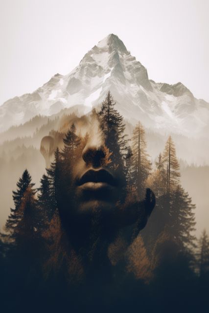 Double exposure with man's face, forest and mountains, created using generative ai technology. Double exposure, scenery and nature concept digitally generated image.