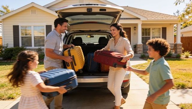 Family packing luggage into suv trunk outside suburban home preparing happy road trip