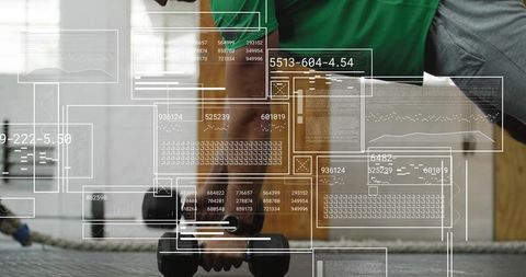 Mid-adult man performing bent-over dumbbell row with digital hud overlay in modern gym