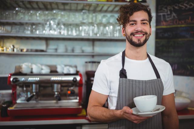 Young barista smiling while holding a cup of coffee in a cozy cafe. Ideal for use in articles or advertisements related to coffee shops, hospitality industry, customer service, and small businesses. Perfect for promoting friendly and professional service in cafes.