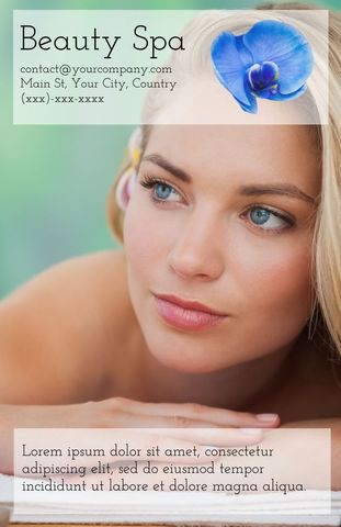 Serene Woman in Spa Setting with Blue Orchid for Wellness Advertisement