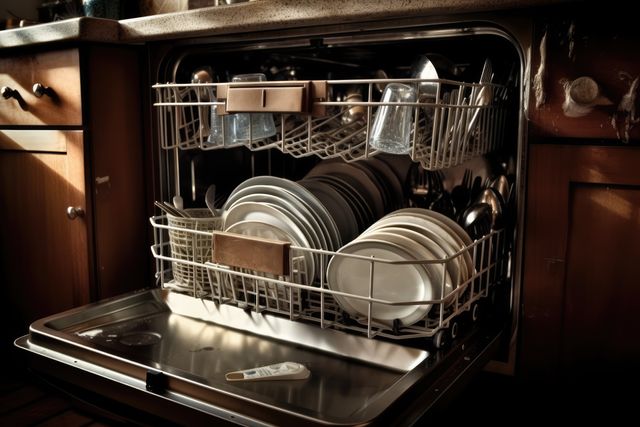 Interior of dishwasher packed with dishes with door open, created using generative ai technology. Dishwashing and kitchen appliances concept digitally generated image.
