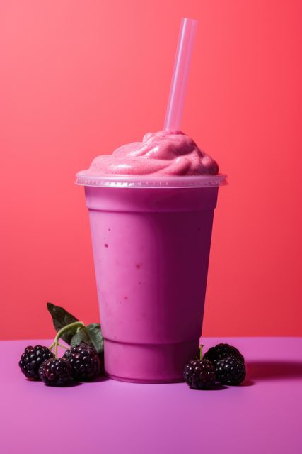 Blackberry smoothie and blackberries on red background, created using generative ai technology. Fruit smoothie, food and drink, healthy eating concept digitally generated image.