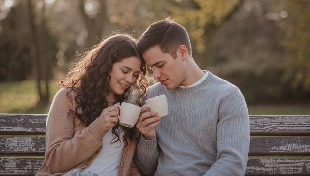 Couple sipping steaming mugs on weathered park bench in autumn morning
