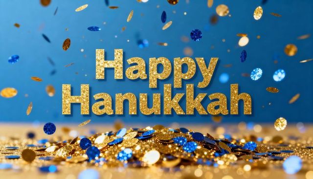 Happy hanukkah gold glitter text with blue and gold confetti festive bokeh shimmer