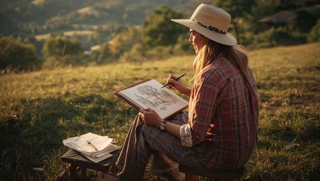 Young woman sketching pastoral hillside at golden hour with straw hat plein air drawing
