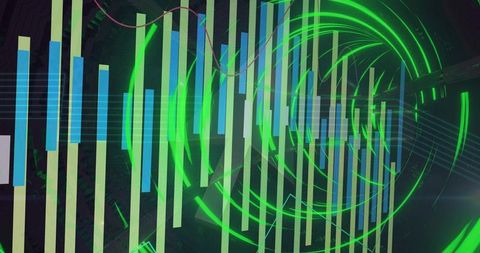 Abstract hud visualization with neon green rings, vertical bars, glowing gridlines