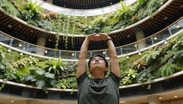Stretching asian man practicing stretch in indoor vertical garden rotunda with skylight
