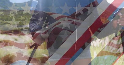 Patriotic Woman Hiking Amidst American Flag Overlay