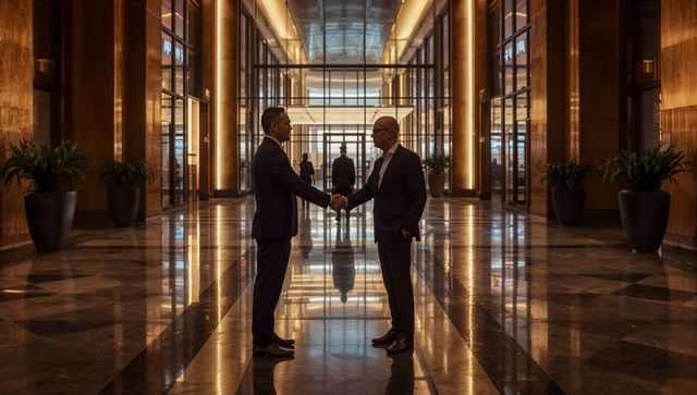 Executives shaking hands in luxury lobby with marble reflections