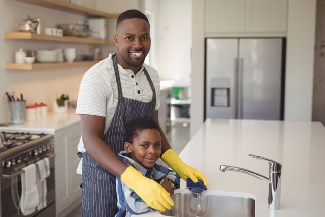 Father and son cleaning dishes together in a modern kitchen. The father is wearing an apron and yellow gloves, while the son is helping with a wine glass. Both are smiling and enjoying the moment. This image can be used for themes related to family bonding, household chores, parenting, and teamwork.
