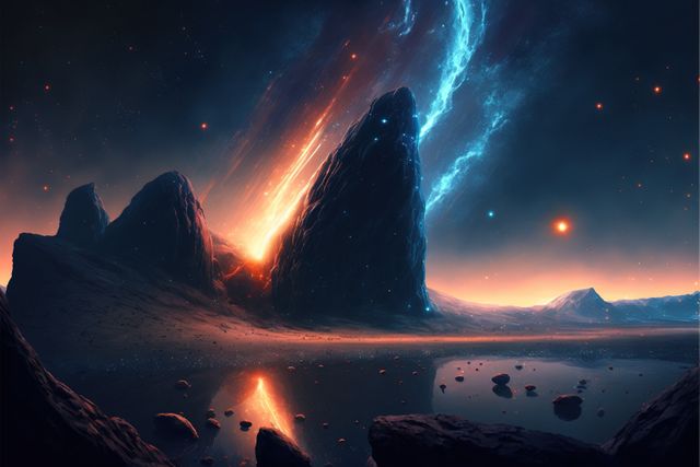 Futuristic alien landscape captures a breathtaking night scene with glowing light and dramatic sky, ideal for sci-fi themes, fantasy art, backgrounds for games, book covers, or universe related content.