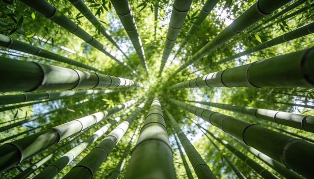 Reaching bamboo canopy, upward perspective of towering green culms and sunlit leaves