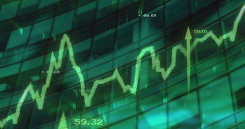 Green Digital Market Trend Line Mapping Upward Momentum Across Glass Facade Grid