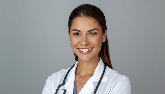 Confident female physician smiling in white lab coat with stethoscope headshot