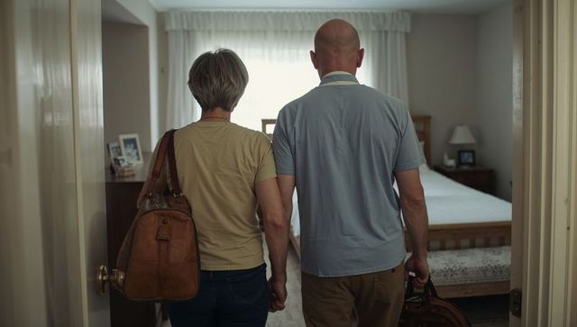 Mature couple walking into cozy bedroom holding hands carrying leather duffels