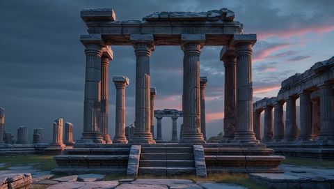 Ancient temple ruins at sunset in archaeological site