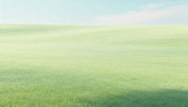 Sunlit rolling grassland meadow with soft pastel sky and gentle shadowed foreground