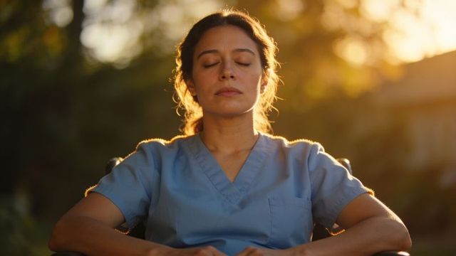 Nurse meditating at golden hour wearing blue scrubs, backlit calm restorative pause