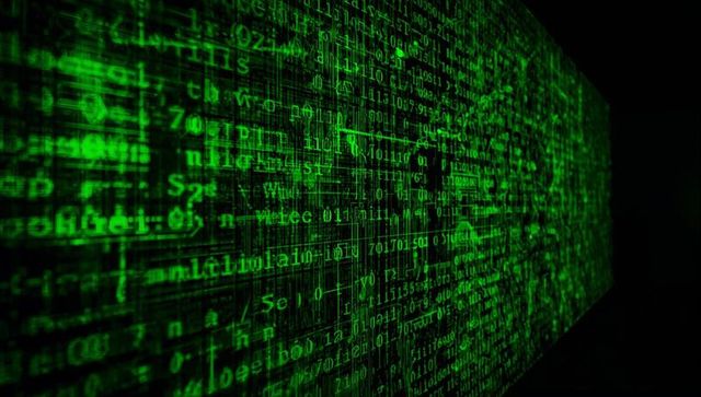 Projecting Neon Green Code Matrix Stream Receding Right on Dark Cyber Grid