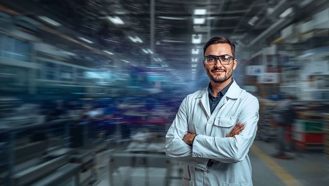Confident Male Engineer Standing in Lab Coat and Safety Glasses Near Production Line