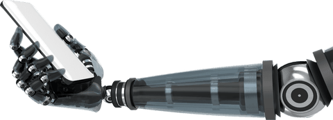 Robotic arm gripping smartphone on transparent background