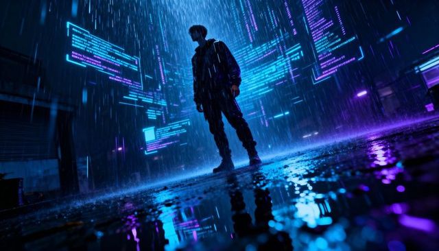 Cyberpunk rainwalker standing in neon alley with holographic code panels and reflections
