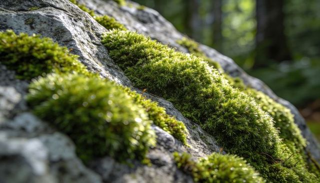 Verdant moss carpet clinging to weathered granite rock with lichen and soft forest bokeh
