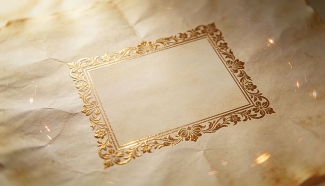 Gilded ornate gold-foil frame on aged parchment with warm light and decorative bokeh