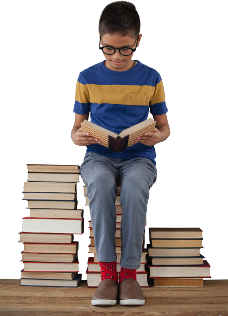 Boy Wearing Glasses Reading on Transparent Book Stacks - Download Free Stock Videos Pikwizard.com