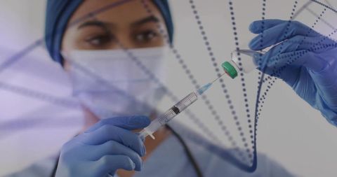 Preparing vaccine vial: nurse wearing headscarf drawing syringe with dna helix overlay