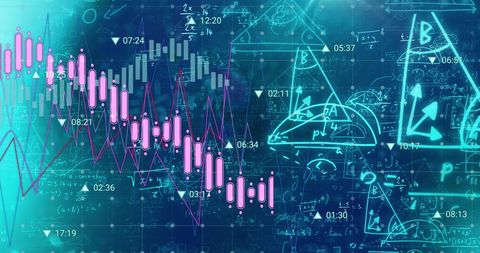 Vibrant image combining financial data analysis graphs with complex mathematical equations. Perfect for illustrating topics related to global business, stock market analysis, and digital interfaces. Useful for finance articles, technology advancements and business presentations.
